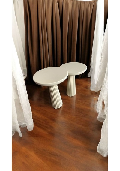 Wood Wooden Ahşap Krem Renk 2'li Set Mantar Yan Sehpa Fiskos Çiçeklik Decorative Beyaz