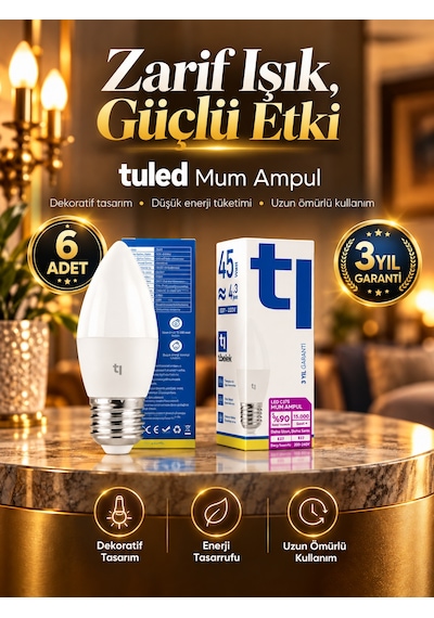 Tuled Redeem Plus 4.3 W Led Ampul, 5700 Kelvin E27 C 37s , Titreşimsiz, Göz Konforu, 609 Lümen, Parlak Beyaz 6 Adet