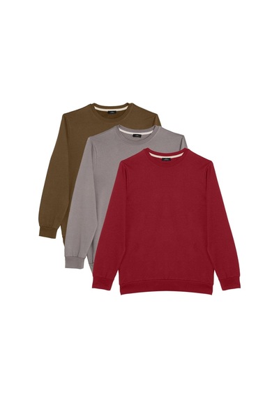 Tudors Unisex 3'lü Paket Bordo-gri-yeşil Relax Fit Pamuklu 3 İplik İçi Polarlı Bisiklet Yaka Sweatshirt-41830 Çok Renkli