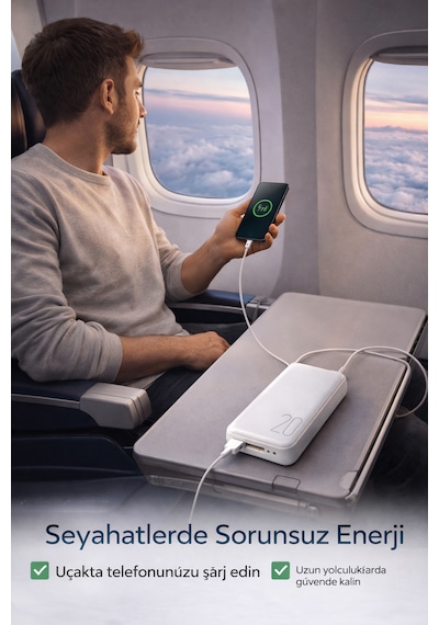 20.000 Mah Powerbank Hızlı Şarj Led Göstergeli Çift Usb Type-c Girişli Taşınabilir Şarj Cihazı Beyaz
