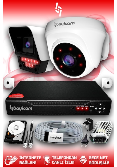 Bayicam 2 Kameralı Süper 1 İç Kamera Set 320 GB 5 MP 2K Net Gece Görüşlü Güvenlik Kamerası Sistemi
