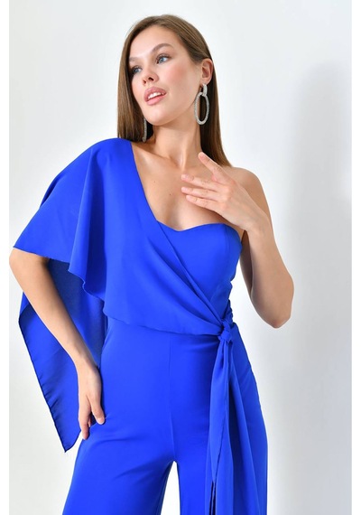 Neşeli Butik Kadın Saks Mavisi Kuşaklı Straplez Abiye Tulum Nbs9355