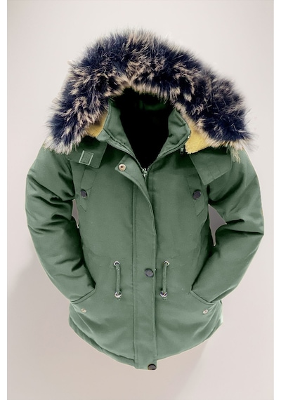 Asortix Unisex Kız/erkek Çocuk Kışlık Kanvas Kumaş Büzmeli Diz Üstü Içi Kürk Kapüşonlu Kaban Mont-mnt-0005 Mint Yeşil