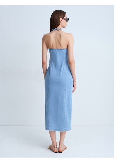 Dilvin 90580 Boyundan Bağlamalı Midi Denim Elbise-mavi