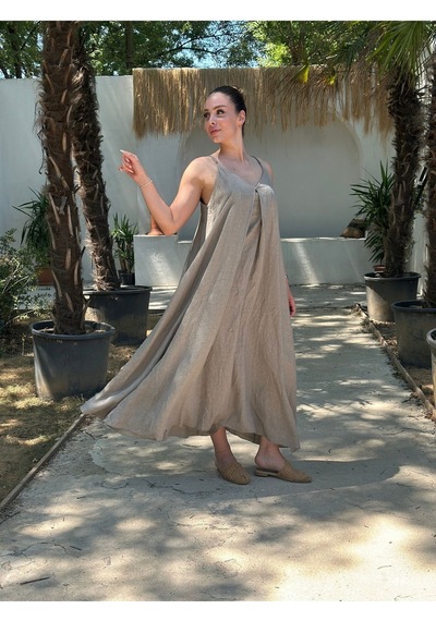 Yazlık Keten Askılı Oversize Elbise Camel