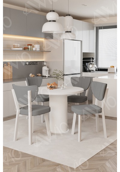 Avvio Elma Yuvarlak Beyaz Mutfak Masa 4 Adet Sandalyeli Takım 90x90 Cm Gri