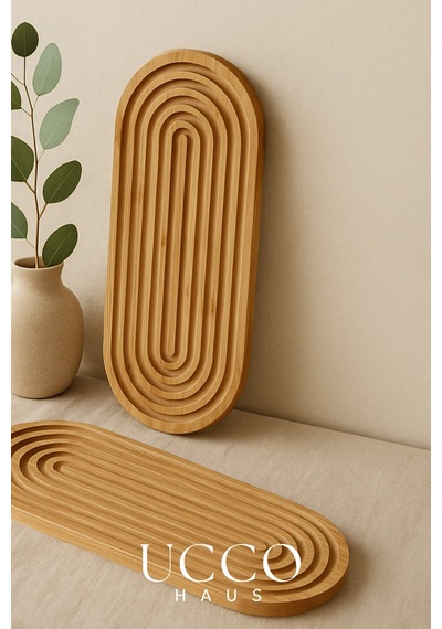 Doğal Bambu Sunumluk - 40x16x1,5cm Kahve, Tatlı & Peynir Sunumluk Oval Oluklu Servis Tabağı