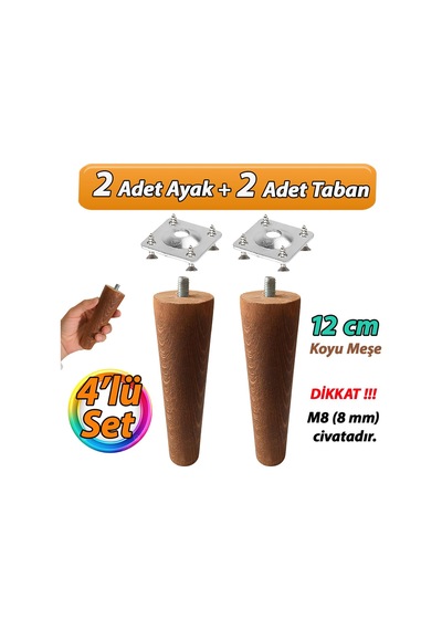 Ahşap Ayak 12 Cm 4'lü Set Koyu Meşe M8 Civatalı Bağlantı Aparatlı Dolap Mobilya Koltuk Kanepe Destek Ayağı Ayakları Koyu Meşe