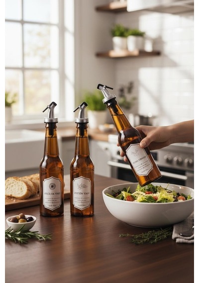 Cam Yağlık - 3 Lü Pratik Kapaklı Yağlık - Sirkelik 350 Ml. Yağdanlık Kahverengi