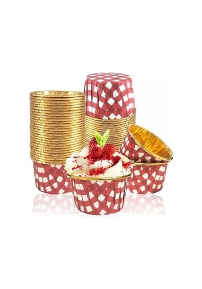 Muffin Kek Kapsülü Kare Desenli Kırmızı-altın 25li