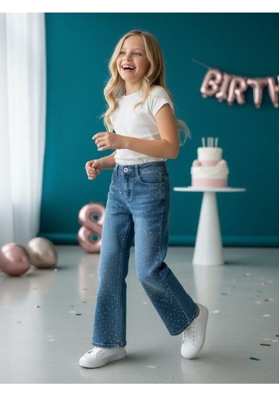 Zekids Kız Çocuk Taş İşlemeli Geniş Paçalı Mavi Kot Pantolon-16613 Mavi