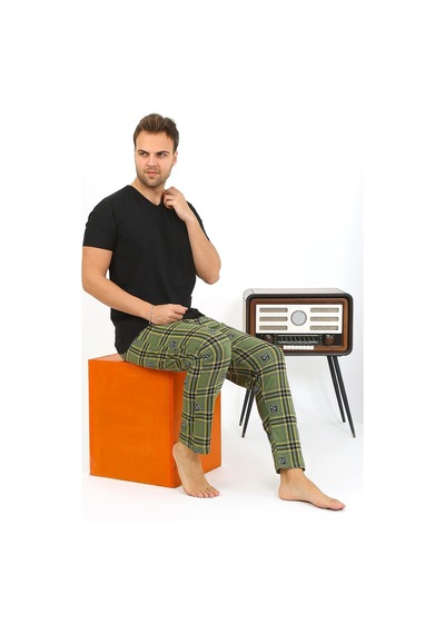 Akbeniz Erkek Ekoseli Desen Penye Tek Alt Pijama 27540 Haki