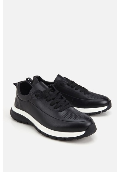 Yaya Erkek Siyah Deri Kontrast Tabanlı Bağcıklı Sneaker