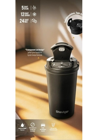 Stevig 4 Work Flip Open Coffee Mug Çelik Termos Grey