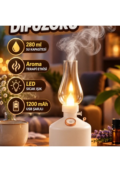 Vintage Led Işıklı Aroma Difüzörü 280 Ml, 1200 Mah Usb Şarjlı