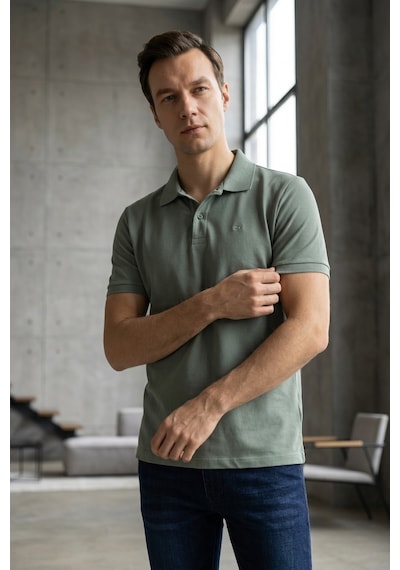 Süvari Slim Fit Düz Baskısız Pike Düğmeli Polo Yaka Nefes Alabilen T-shirt Su Yeşili