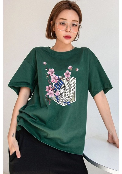 Unisex Flowers Baskılı T-shirt Yeşil