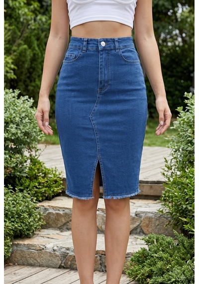 Soulshae Mavi Yüksek Bel Yırtmaçlı Denim Kalem Midi Etek