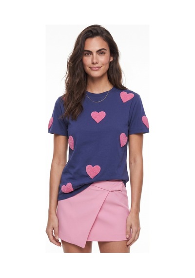 Onloox Kadın Lacivert Lacivert Pamuklu Bisiklet Yaka Kısa Kollu Basic Form Süzene Kalp Nakış Detaylı T-shirt