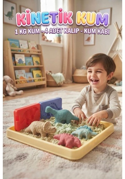 3d Kalıplı Dinazor Kinetik Kum Set- Kum Havuzu 1000 Gr Kum 4 Adet Kalıp Set