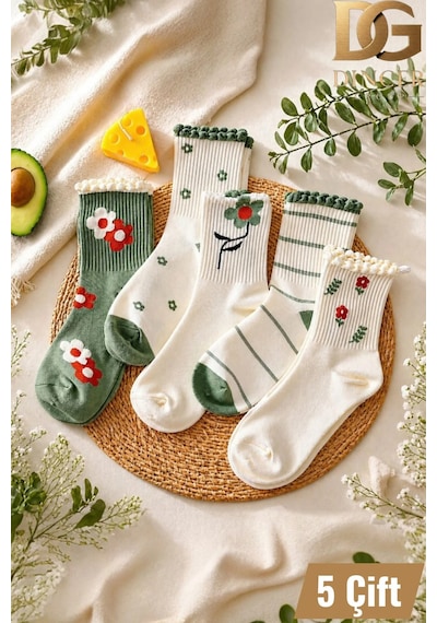 Hitit Socks Kadın 5 Çift Kabartma Desenli Çiçek Ve Çizgi Detaylı Uzun Soket Çorap Yeşil Yeşil - Beyaz