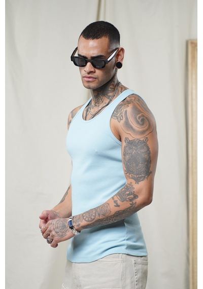 Slim Fit Kaşkorseli Esnek Düz Erkek Sporcu Atlet Açık Mavi