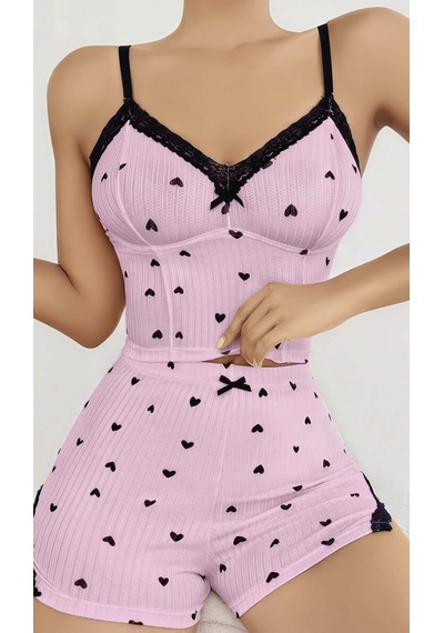 Findit Pembe Kalp Desenli Askılı Şortlu Pijama Takım Pembe