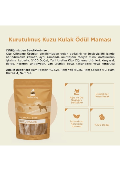 Kito Kurutulmuş Kuzu Kulak Çiğnemelik Doğal Glutensiz Organik Köpek Ödül Maması 100 G