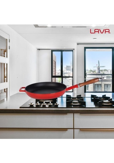 Lava Döküm Yuvarlak Kızartma Tavası Döküm Demir Ve Ahşap Saplı Çap Ø 28cm. Teşhir
