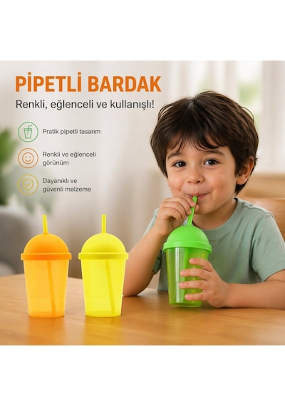 Qlux L-01020 Rainbow Pipetli Plastik Bardak 450 Ml - Şeffaf Renkli- 12'li Paket