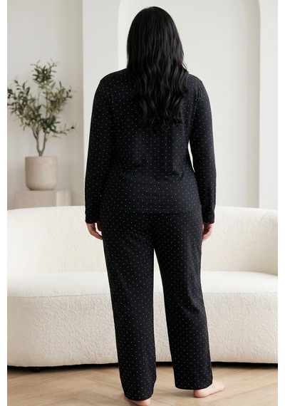 Siyah İnci Pamuklu Likralı Büyük Beden Battal Boy Örme Pijama Takım 26240884 Siyah