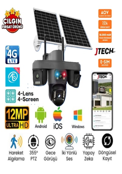 O-kam Ok-335 Premium 4g 12mp Sim Kartlı Solar Panelli Çakarlı 4 Lens 1 Ptz Akıllı Kamera