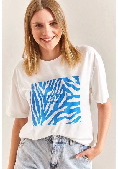 Baskılı Basic Bisiklet Yaka Örme T-shirt Önü Mavi