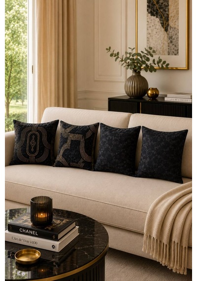 Black Jag Serisi 4'lü Kırlent Kılıfı Seti Twill Kumaş Gizli Fermuar 43x43 Cm Siyah - 916478677 Siyah