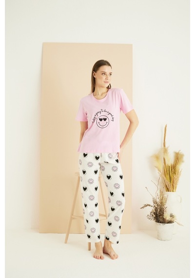 Siyah İnci Pamuklu Bisiklet Yaka Örme Pijama Takım25107127 Pembe