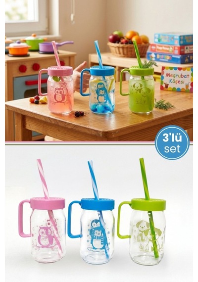 3'lü Pipetli Kulplu Cam Çocuk Meşrubat Bardağı Seti, Figürlü Süt Meyve Suyu Su Bardağı 3x370 Ml Şeffaf