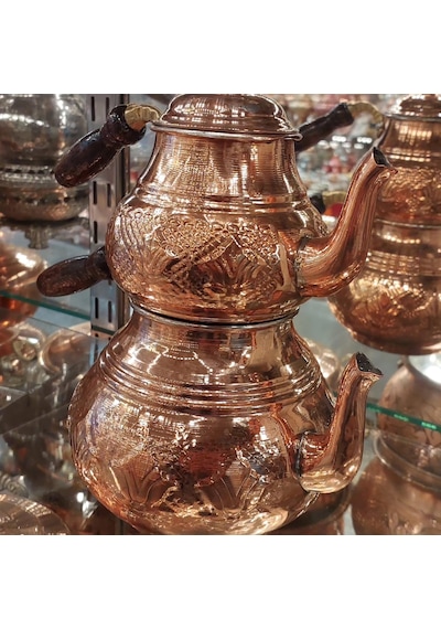 Bakır Çaydanlık El Işlemesi Dövmesi Nakışlı Gümüş Bakır Çaydanlık Bakır