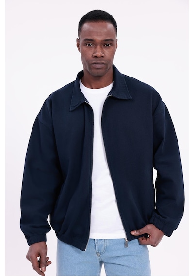 Freemen Erkek Basic Gabardin Kumaş Fermuarlı Oversize Mevsimlik Polo Yaka Ceket Lacivert