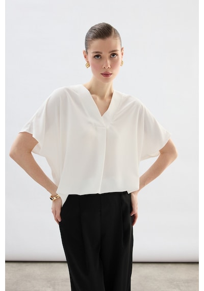 Sateen Geniş Kısa Kollu Bluz - Ekru-136761 Ekru