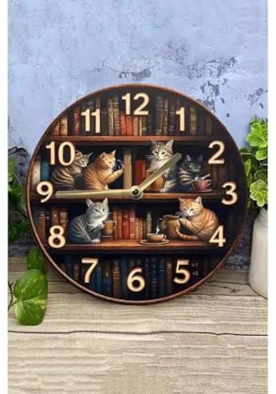 Sessiz Yuvarlak Ahşap Duvar Saati Kuvars Hareketli 2d Kedi Desen Sdw018,sdw018 33 X Çok Renkli