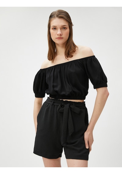 Koton Crop Bluz Omzu Açık Lastikli Siyah 3sak60010pw Siyah