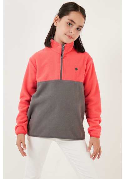 Lela Yumuşak Dokulu Yarım Fermuarlı Renk Bloklu Dik Yaka Unisex Çocuk Polar 5905004 Somon-Gri