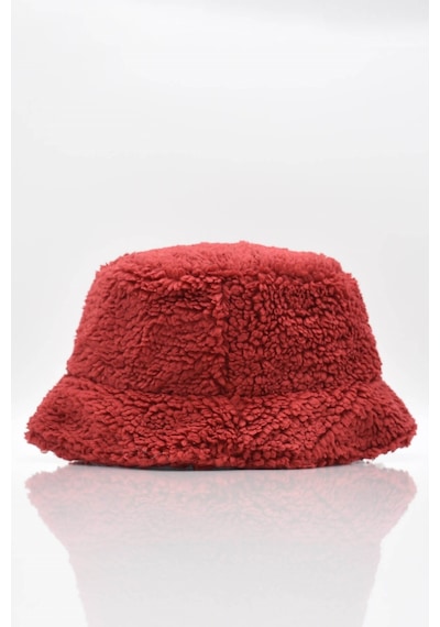 Külah Kadın Sherpa Kürklü Bordo Bucket Şapka - Standart Bordo
