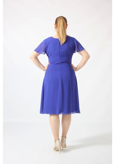Moda Berray 3297 Saks Kolu Fırfırlı Bele Oturan Astarlı Şifon Elbise Saks Saks Mavi