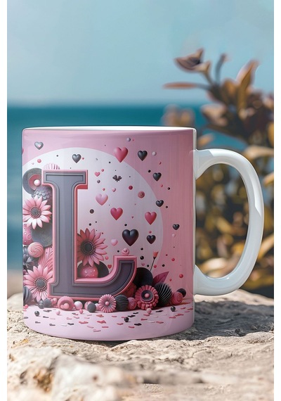 Renkli Çiçekli L Harfi Baskılı 3d Görünümlü Tasarım Mug Kupa Bardak White