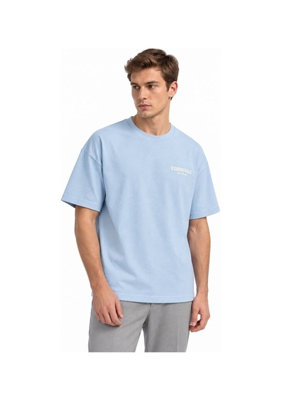 Genel Markalar Unisex Yarım Oversize Bisiklet Yaka Pamuklu Baskılı Tişört Mavi