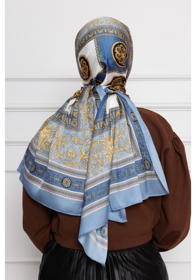 Sevitli Versace Desenli Hint İpeği Şal-bebe Mavi-4534