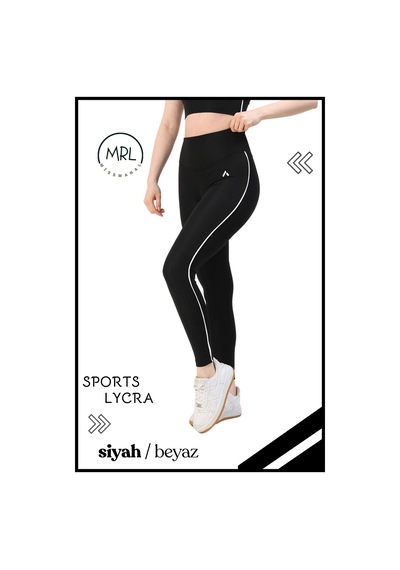 Missmaral Kadın Yüksek Bel Toparlayıcı Spor Tayt Siyah / Beyaz Şerit Detaylı Lycralı Dalgıç 1041 Siyah Beyaz