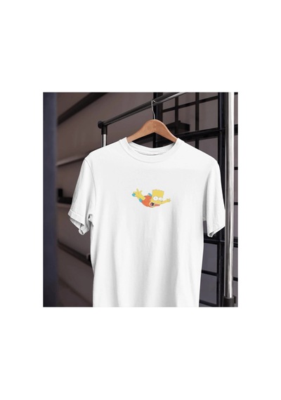 Tarzsokak Unısex Kadın Erkek Bart Simpson Uçmak Paraşüt %100 Pamuk Siyah Beyaz T-shirt