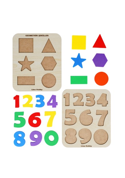 2'li Set Montessori Eğitici Ahşap Sayılar Ve Geometrik Şekiller Bultak Puzzle 20x17 Cm 1 Adet